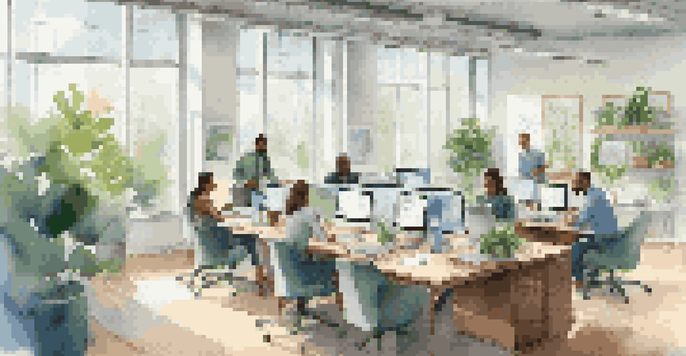 A bright and modern office with diverse employees collaborating around a large wooden table, surrounded by greenery outside.