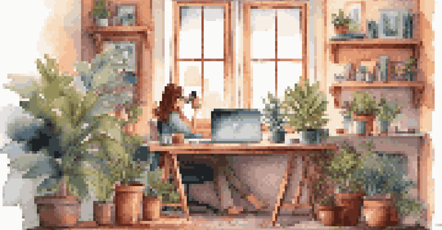 A cozy home office with a freelancer working on a laptop, surrounded by art supplies and vibrant artwork on the walls.