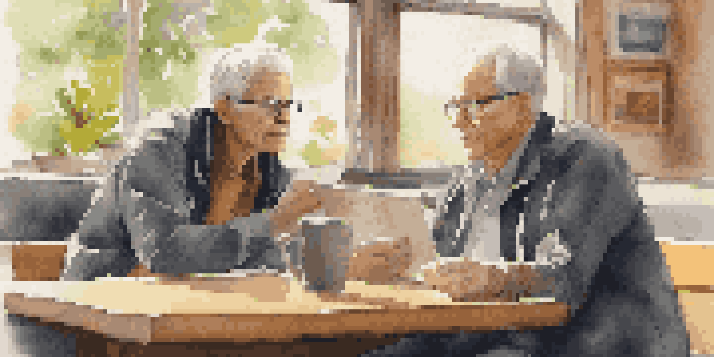A mentor and mentee discussing in a cozy coffee shop, with sunlight filtering through the window.