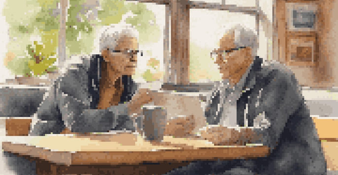 A mentor and mentee discussing in a cozy coffee shop, with sunlight filtering through the window.