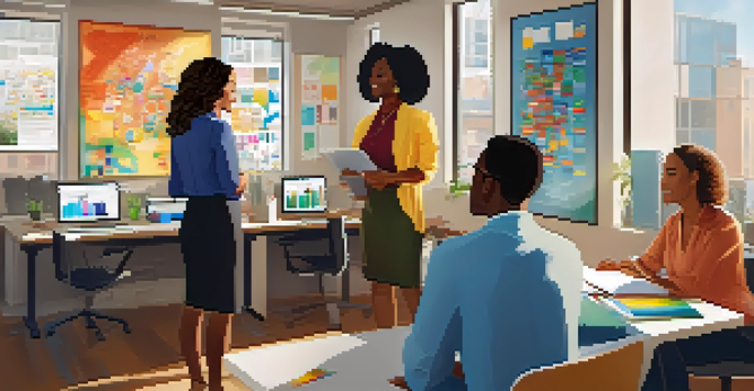 A diverse group of professionals working together in a bright office, discussing projects and collaborating with colorful charts around them.