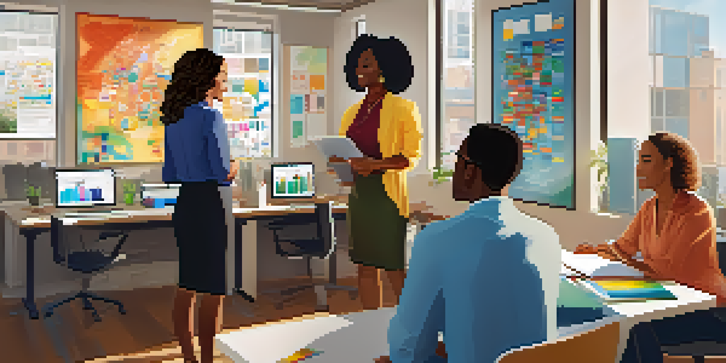 A diverse group of professionals working together in a bright office, discussing projects and collaborating with colorful charts around them.