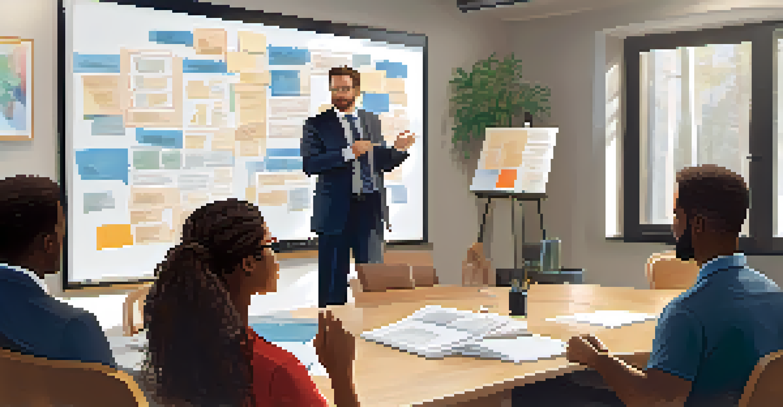 A leader speaking to a team in a welcoming workspace, showcasing open communication and collaboration with ideas on a whiteboard.