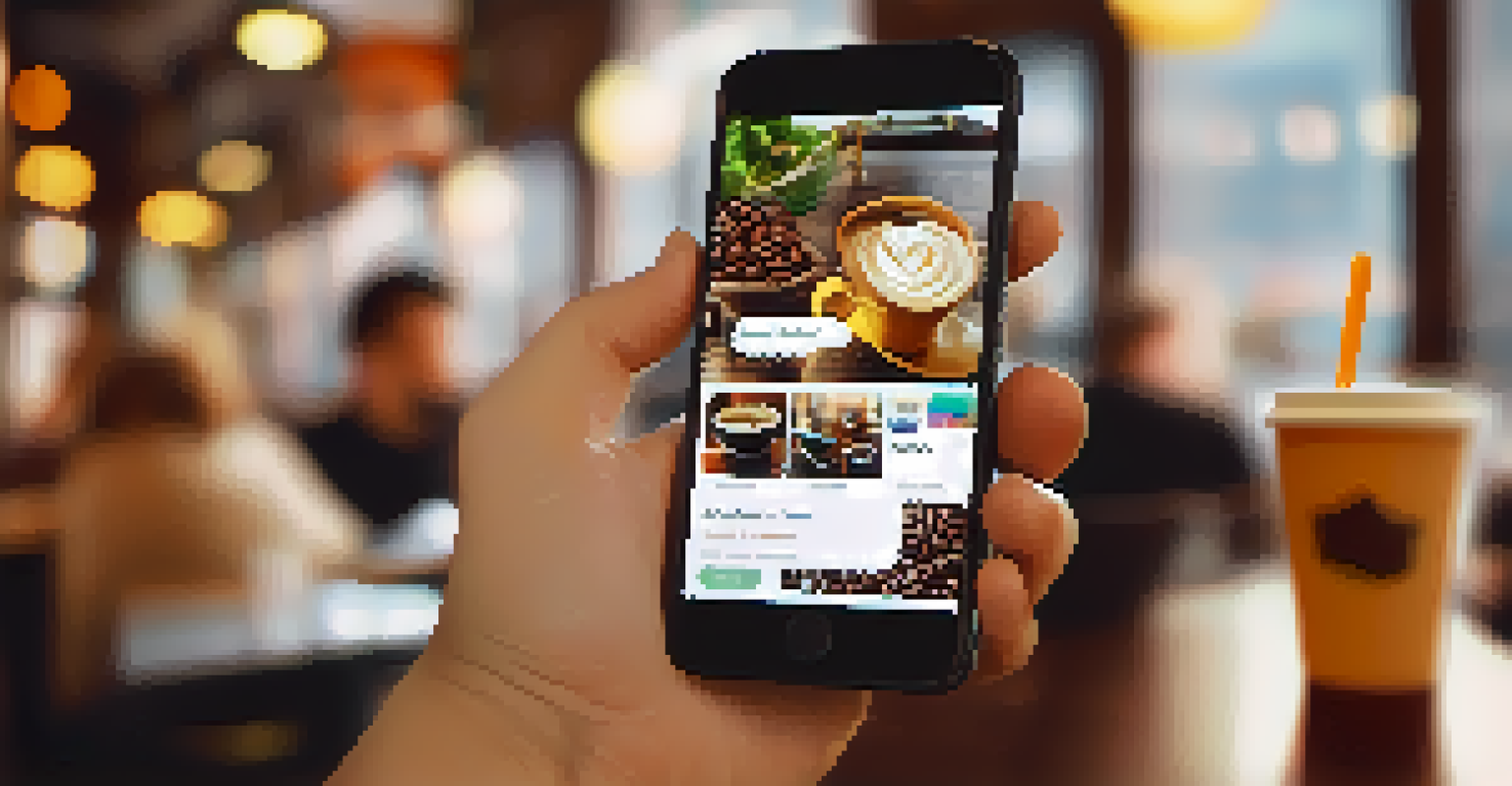 A person's hand holding a smartphone showing a social media feed with posts about freelancing, hashtags, and gig opportunities, set against a cozy coffee shop backdrop.