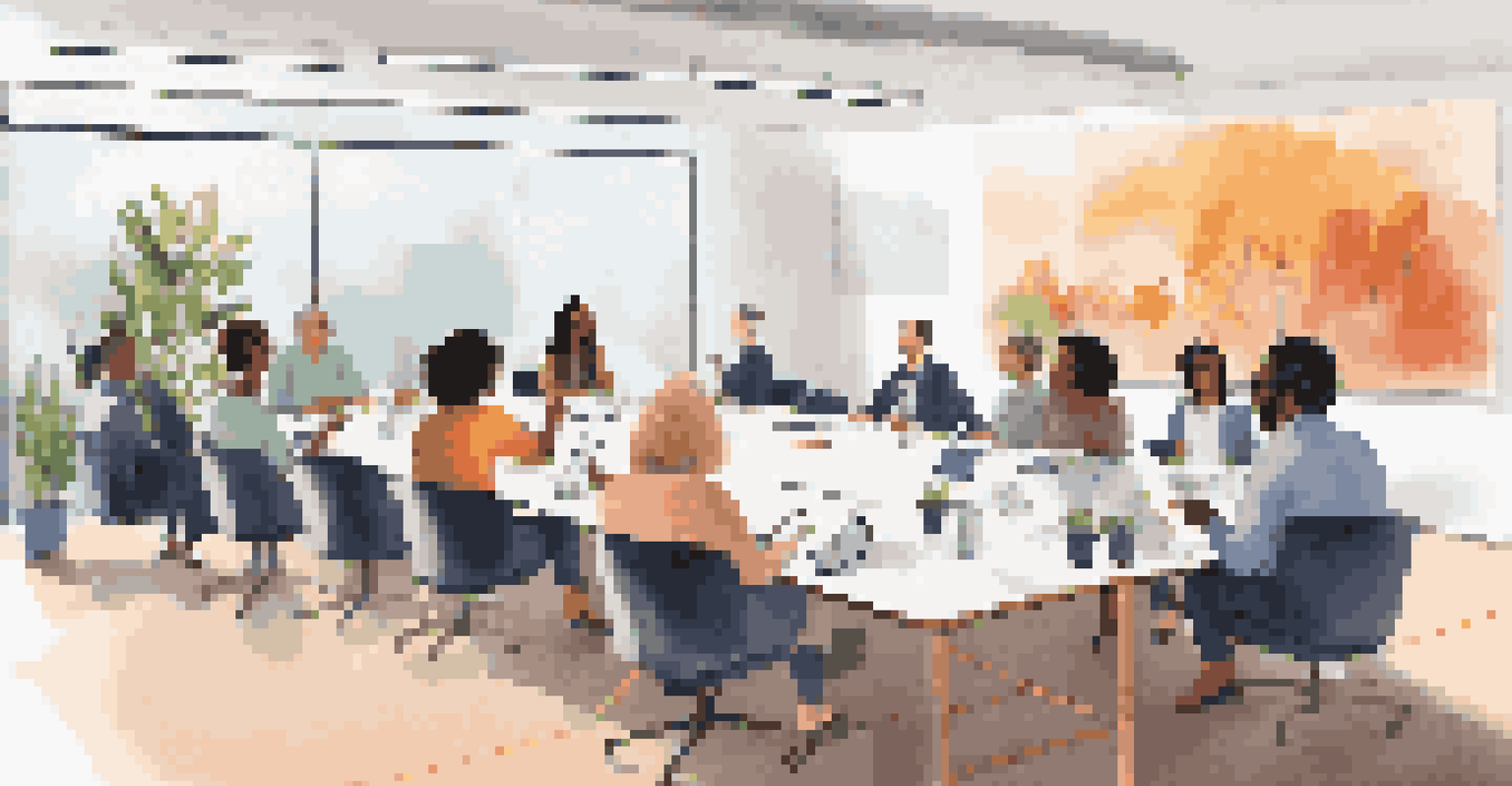A diverse group of professionals in a bright conference room participating in a virtual meeting displayed on a screen.