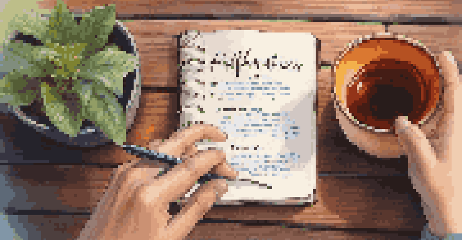 A hand writing positive affirmations in a colorful journal with a cup of tea and a plant on the desk.