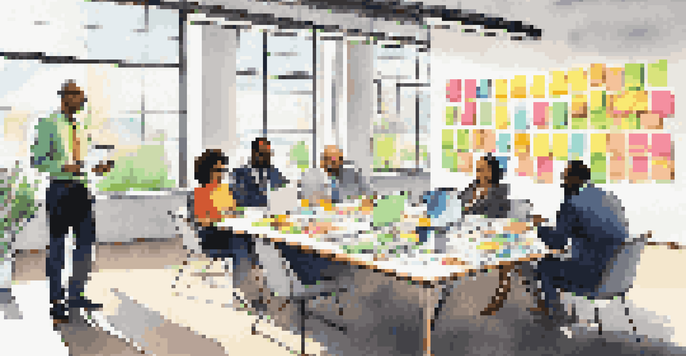A diverse group of business leaders collaborating around a table with sticky notes and laptops in a bright office.