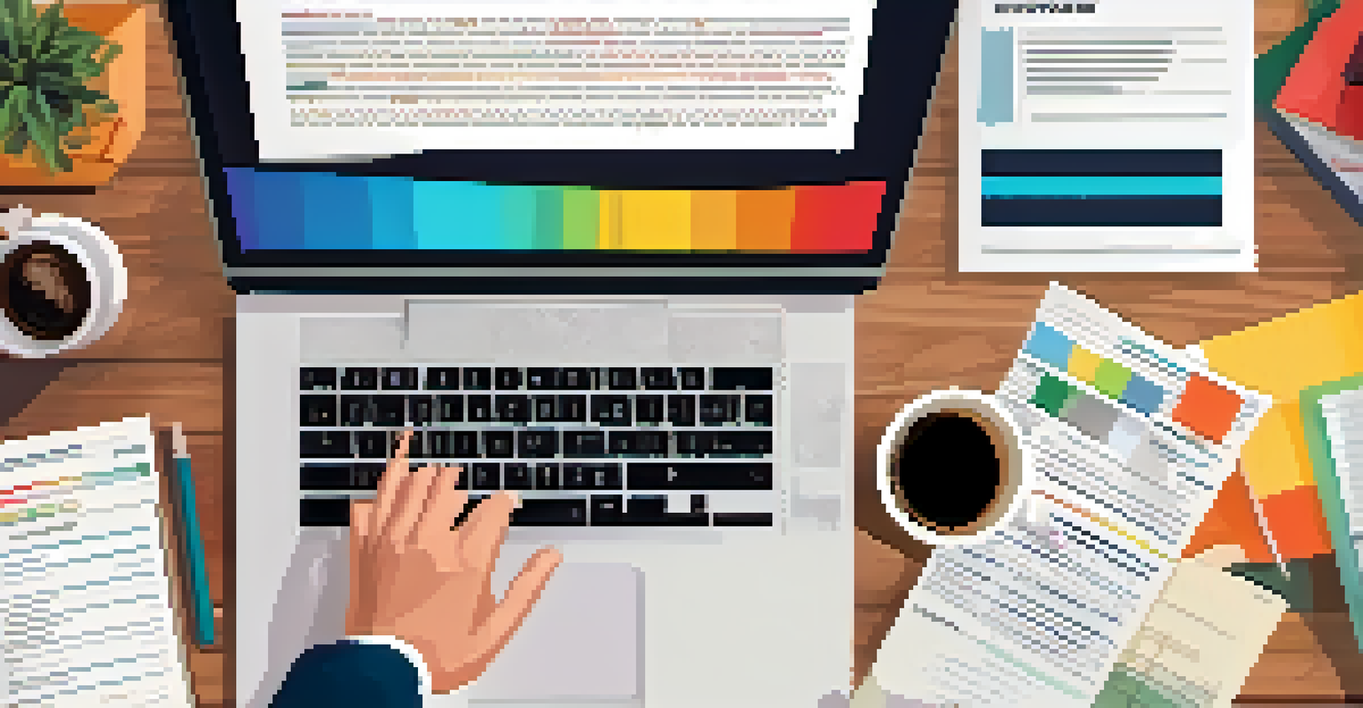 Overhead view of hands typing on a laptop with a colorful resume on the screen, surrounded by notes and coffee.