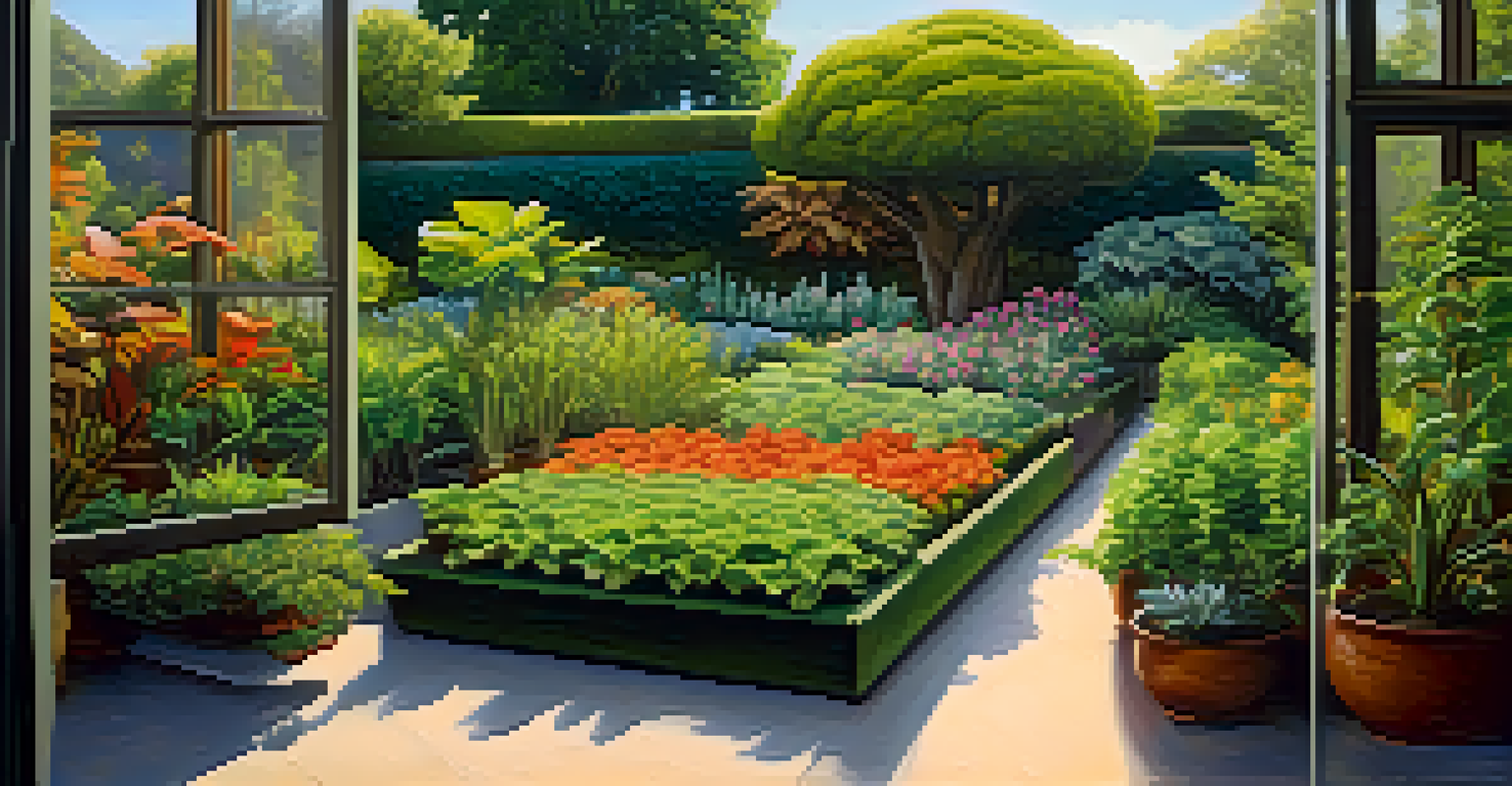 An artistic garden representation with labeled plants symbolizing different types of investments, illuminated by sunlight.