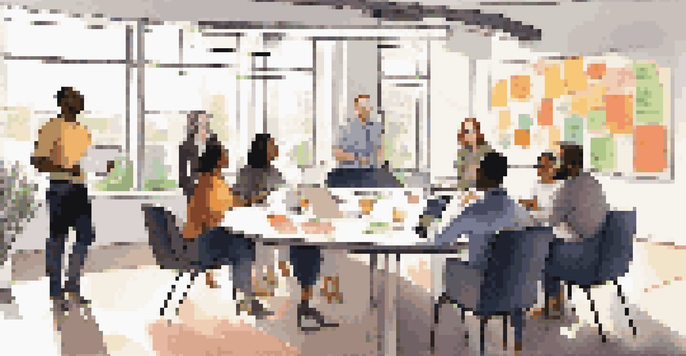 A diverse group of employees discussing ideas around a round table in a bright office, with various cultural backgrounds represented.