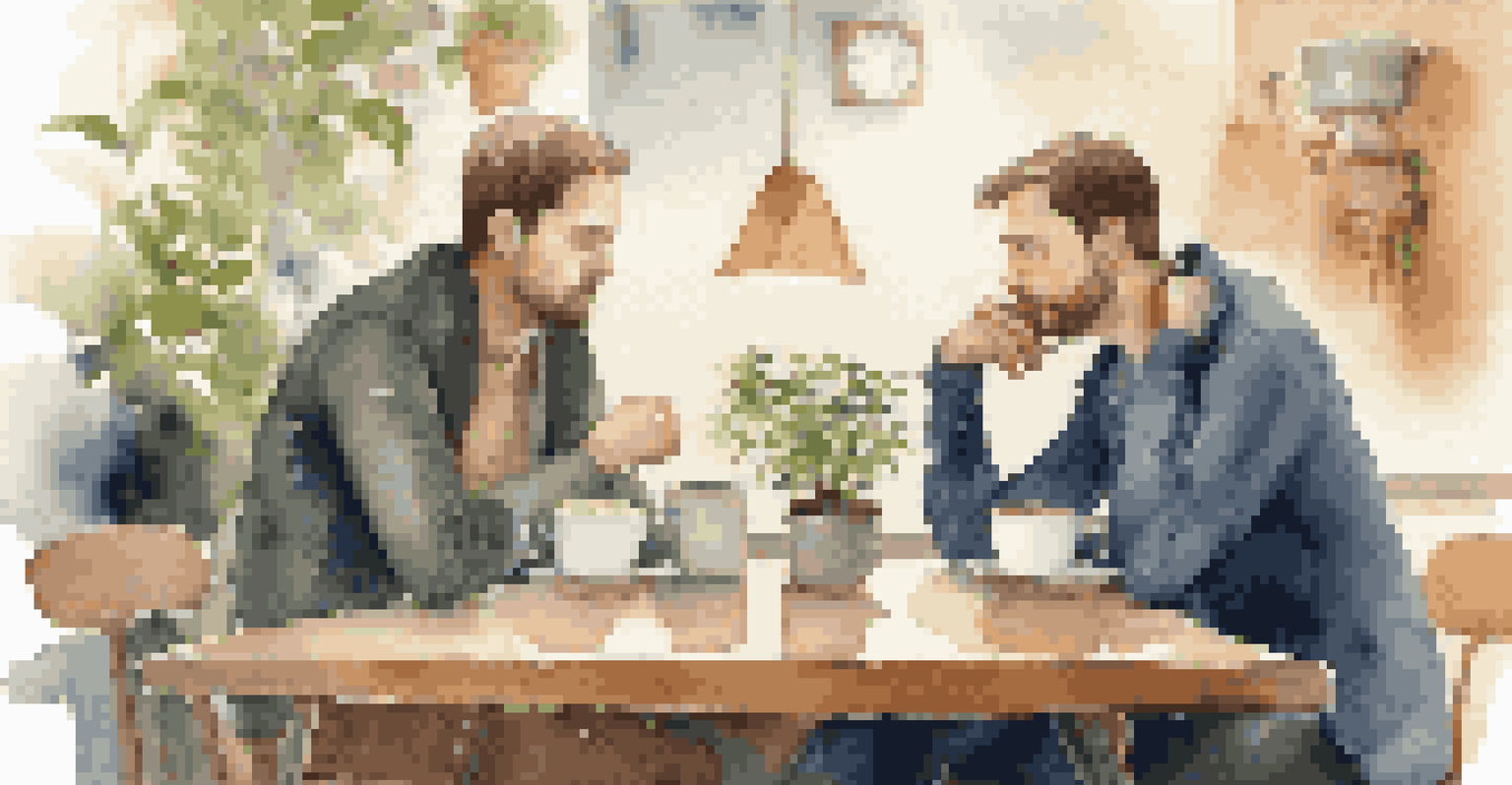 Two colleagues having a coffee break, showing empathy and active listening in a cozy café.