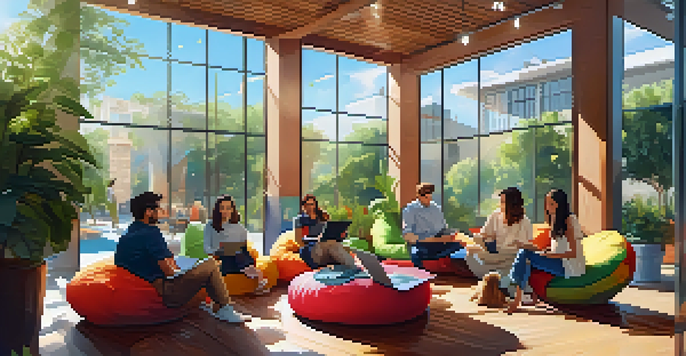 A lively outdoor coworking area with people of different backgrounds working on laptops and engaging in conversation, surrounded by greenery and colorful seating.