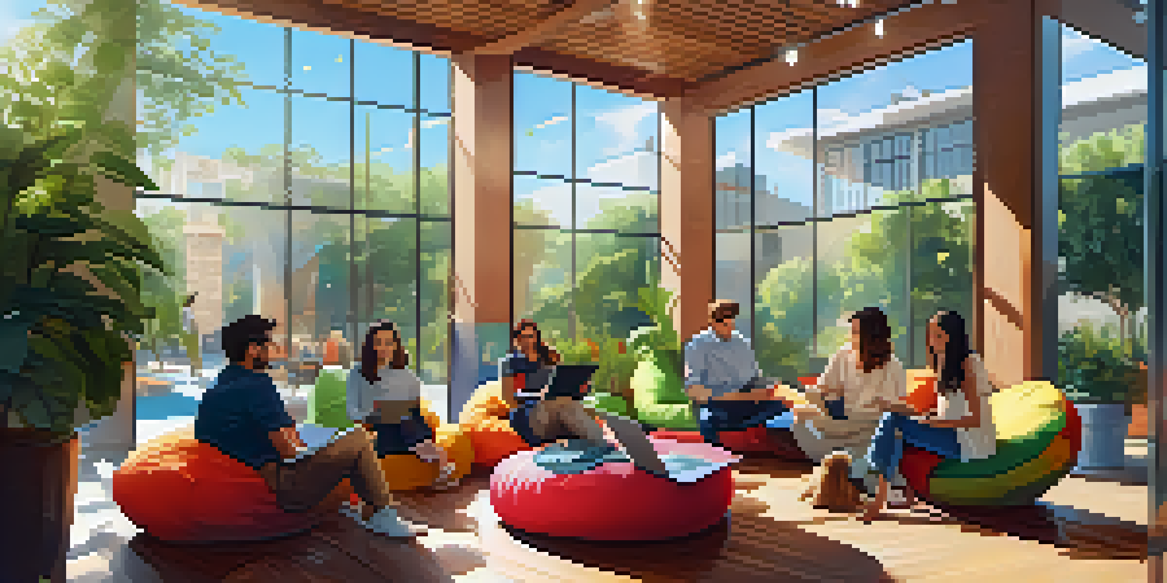 A lively outdoor coworking area with people of different backgrounds working on laptops and engaging in conversation, surrounded by greenery and colorful seating.