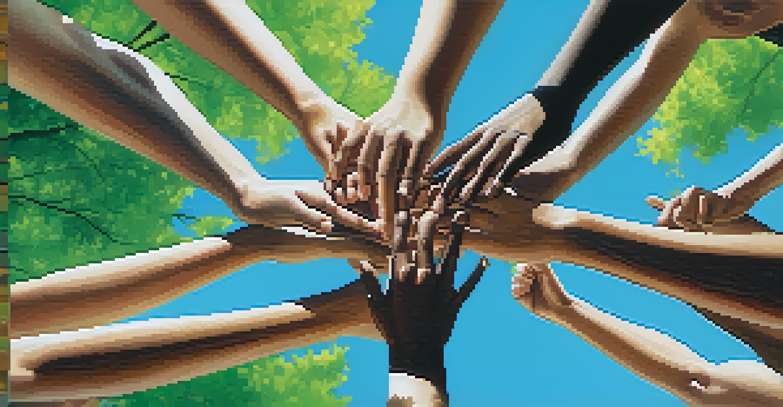 Close-up of hands during a team-building outdoor activity, with trees and clear skies in the background, showcasing teamwork.
