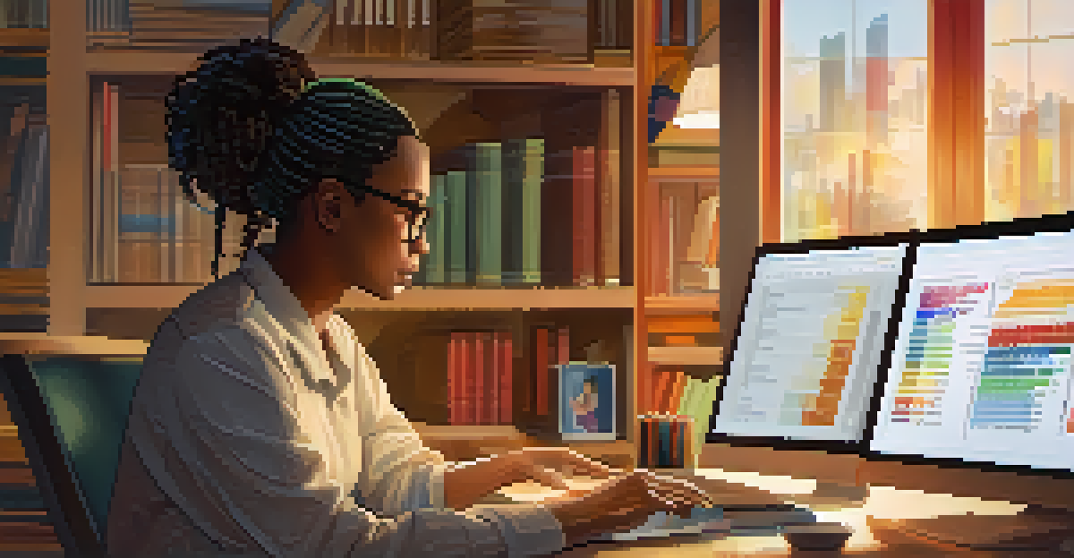 A person at a cozy desk, examining colorful graphs on a laptop, with warm lighting and personal items around, reflecting on their career.