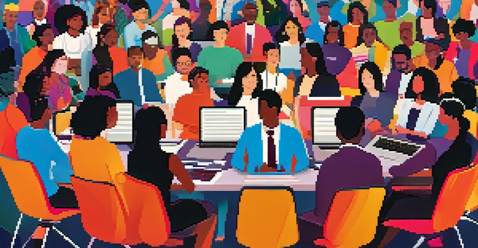 A virtual conference with diverse participants interacting through video calls, surrounded by a colorful digital backdrop.