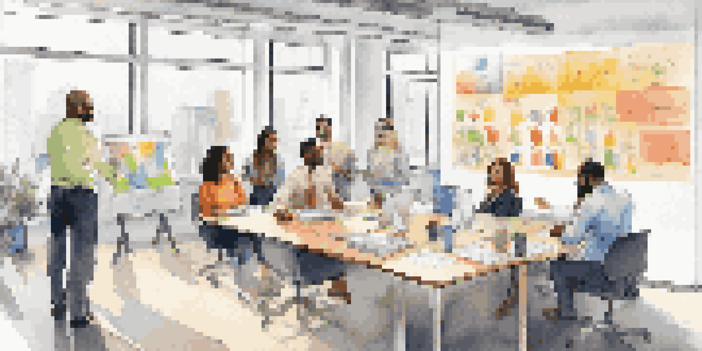 A diverse group of employees in a modern office discussing Corporate Social Responsibility with a whiteboard in the background.
