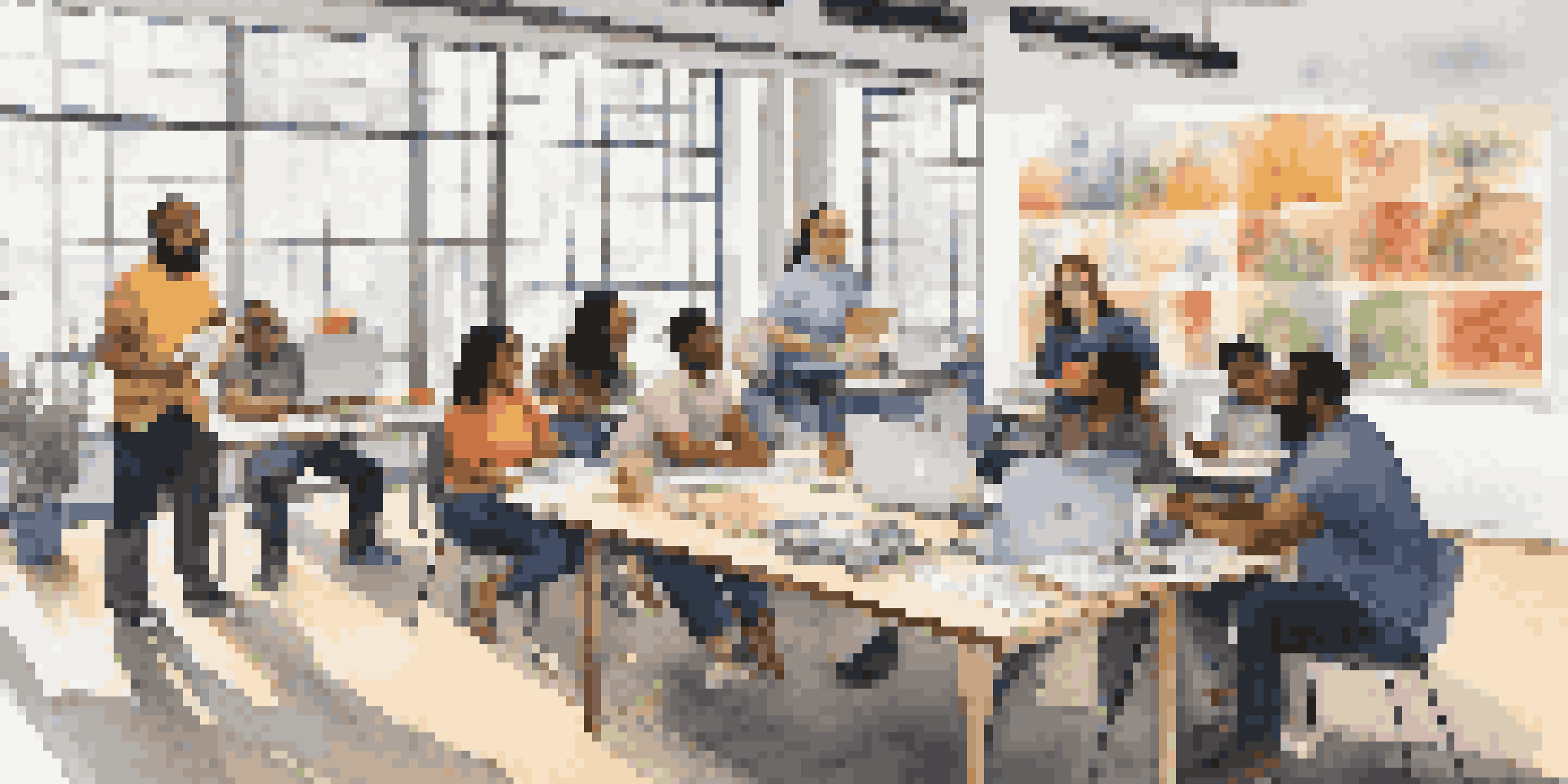 A diverse group of employees in a workshop setting, collaborating around a table with laptops and notepads, in a bright room with natural light and colorful inclusivity posters.
