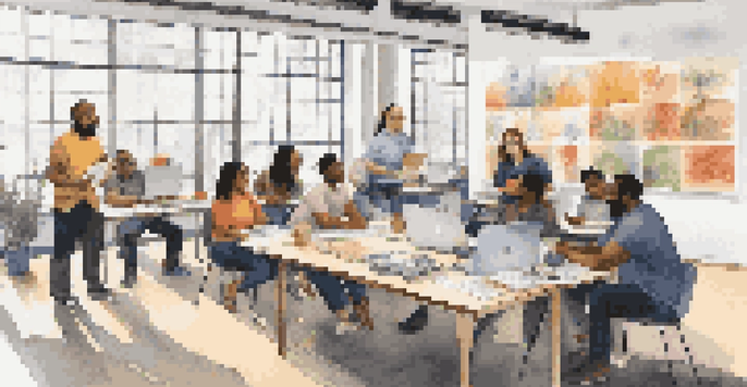 A diverse group of employees in a workshop setting, collaborating around a table with laptops and notepads, in a bright room with natural light and colorful inclusivity posters.