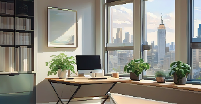A bright and organized office space with a view of a city skyline, featuring a laptop, notebook, coffee cup, and a plant.