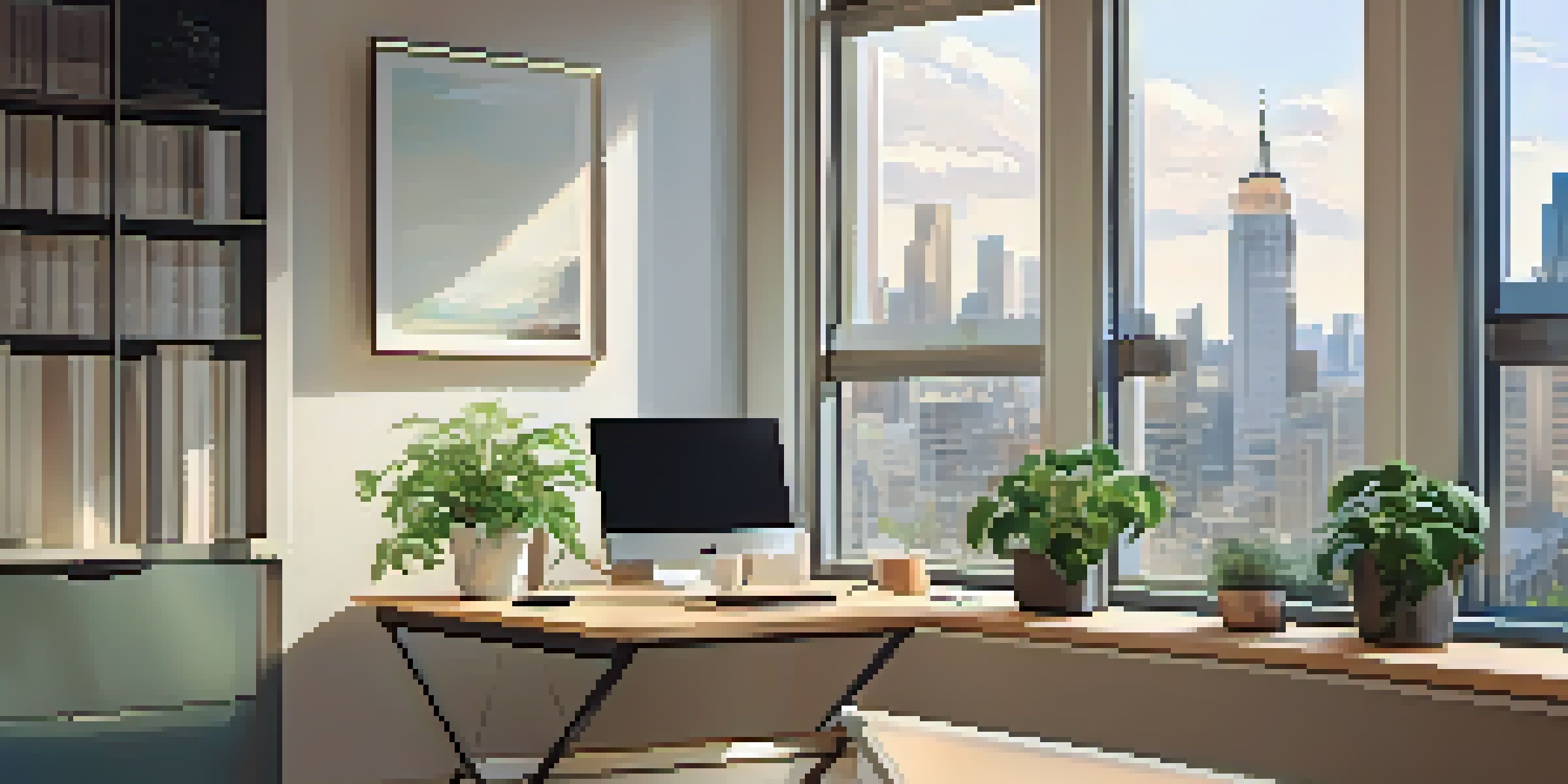 A bright and organized office space with a view of a city skyline, featuring a laptop, notebook, coffee cup, and a plant.