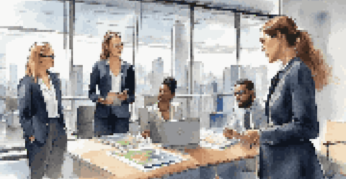 A confident young woman in a modern office discussing a project with her colleagues, with a city skyline visible through large windows.
