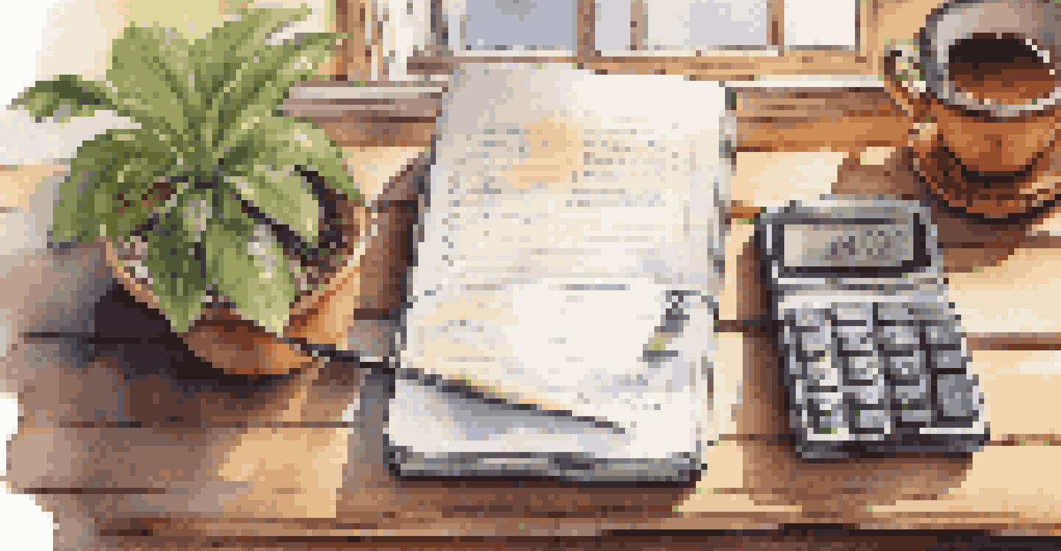 An open notebook with financial goals written in it, surrounded by a calculator and a cup of tea on a wooden table.