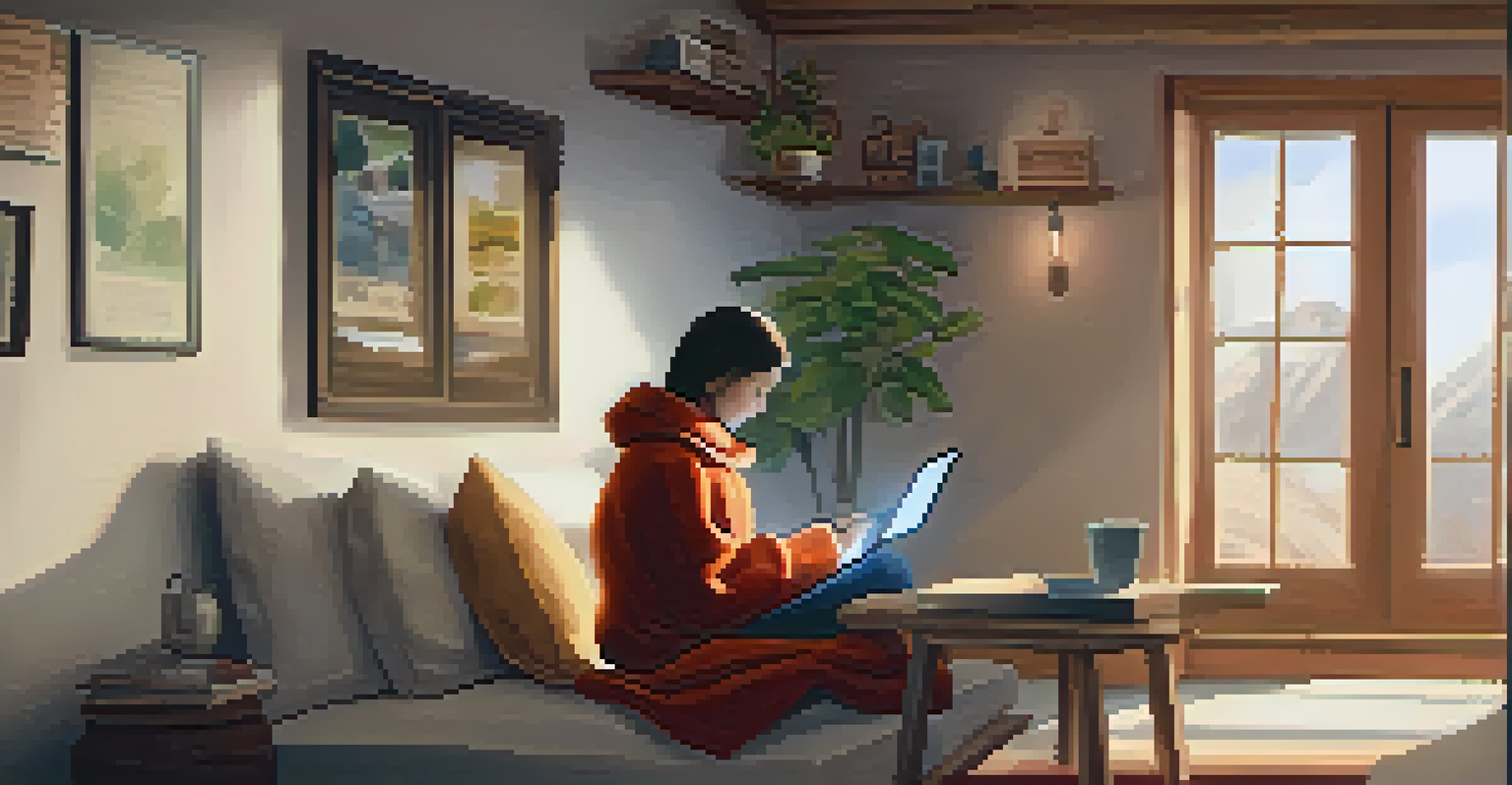 An individual in a cozy nook using a tablet to learn online, surrounded by pillows, a blanket, and a cup of tea.