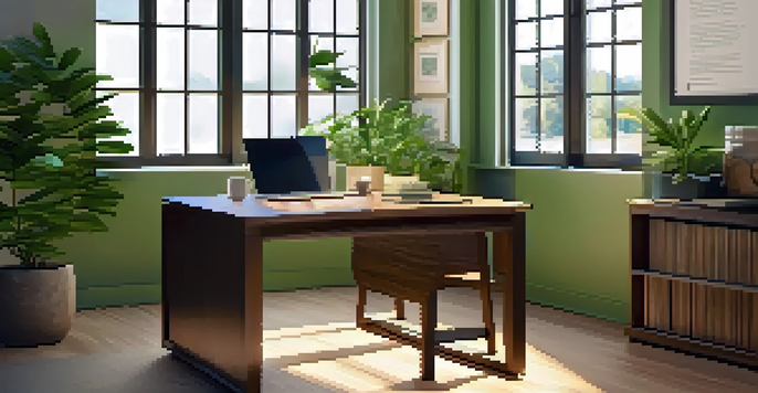 A bright and inviting office space featuring a wooden desk with a laptop and a coffee cup, alongside a plant and inspirational artwork on the walls.