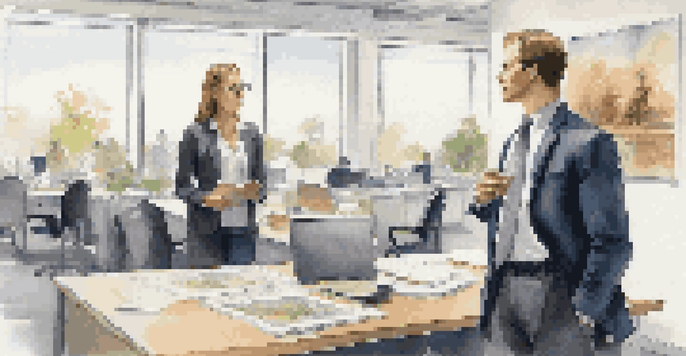 A young person watching a mentor in an office, with natural light and artwork on the walls.