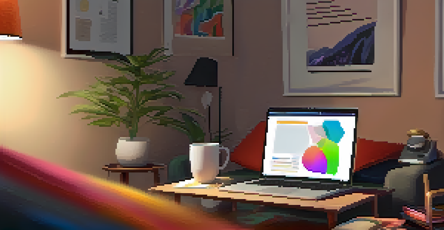 A person studying on a laptop in a cozy room, surrounded by books and a cup of tea, engaged in an online course.