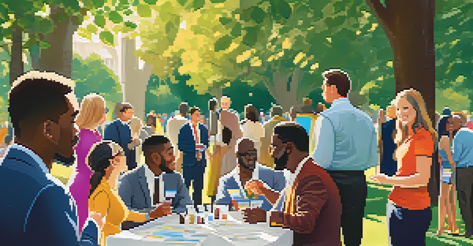 A career coach leading a networking event in a park, with professionals interacting and exchanging business cards.