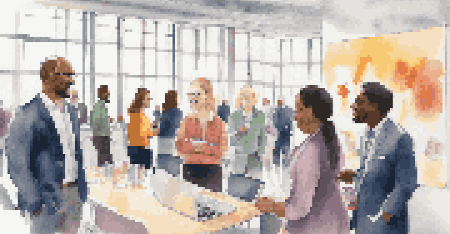 A diverse group of professionals networking in a bright conference room.