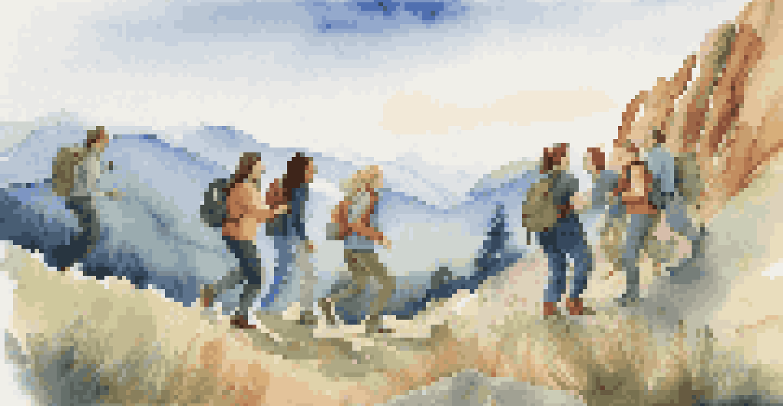 A group of friends hiking in the mountains, laughing and supporting each other, representing the importance of support systems.