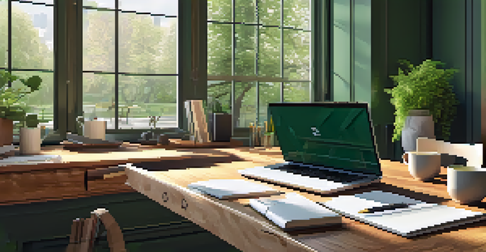 A bright and inviting modern workspace with a desk, laptop, notepad, and coffee cup, illuminated by natural light from a window overlooking a park.