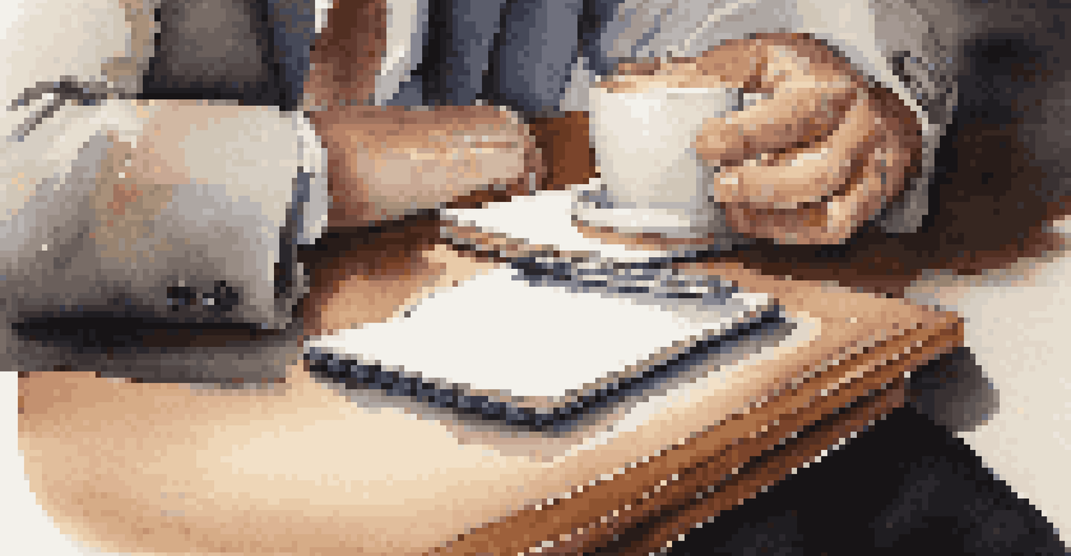 A leader's hands on a desk during a conversation, with an open notebook and a cup of coffee.