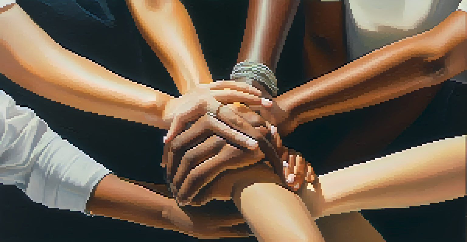 A close-up of diverse hands in different skin tones coming together in a circle, symbolizing unity and collaboration.