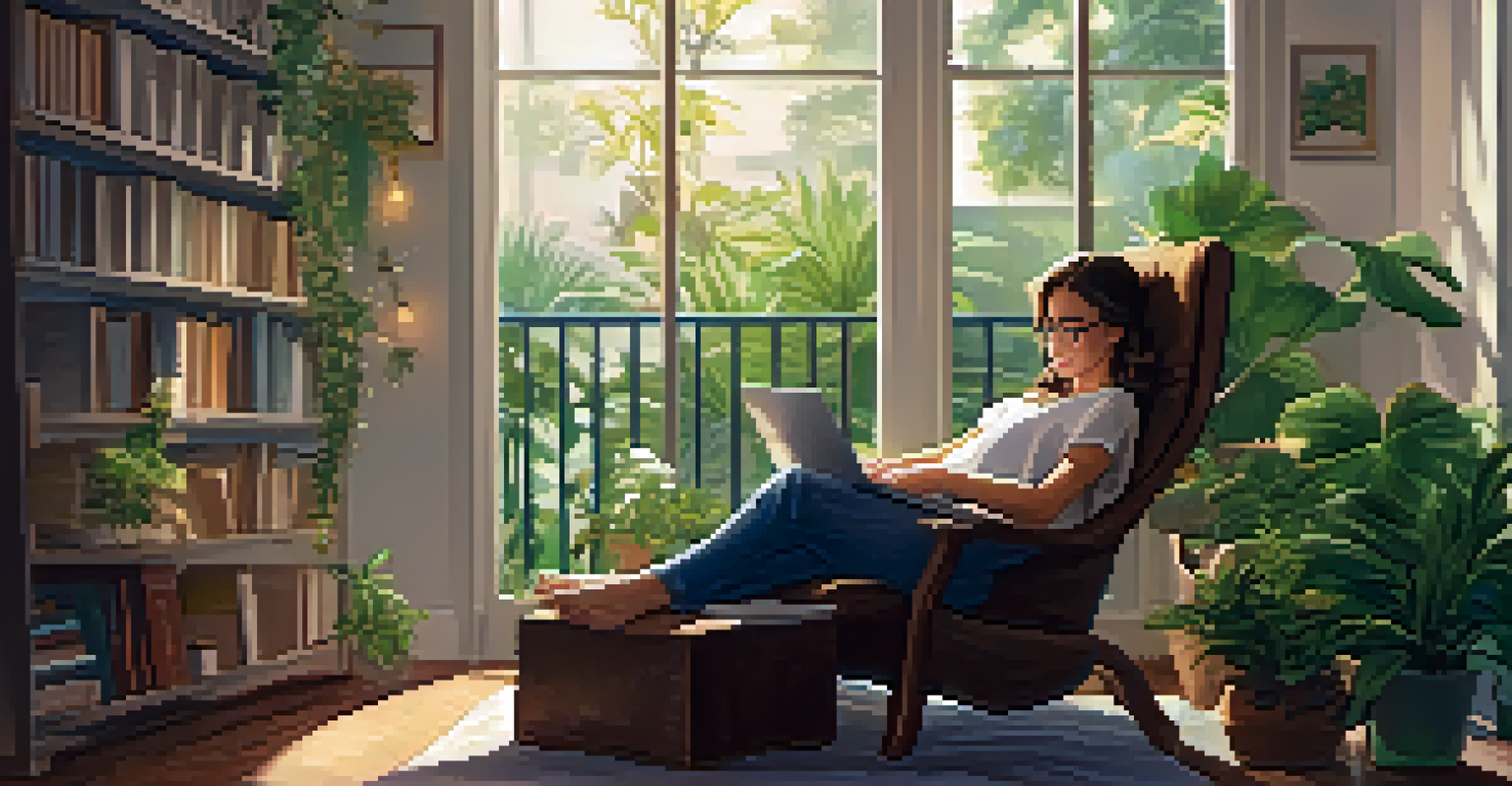 A person relaxing in a cozy chair with a book and a closed laptop nearby.