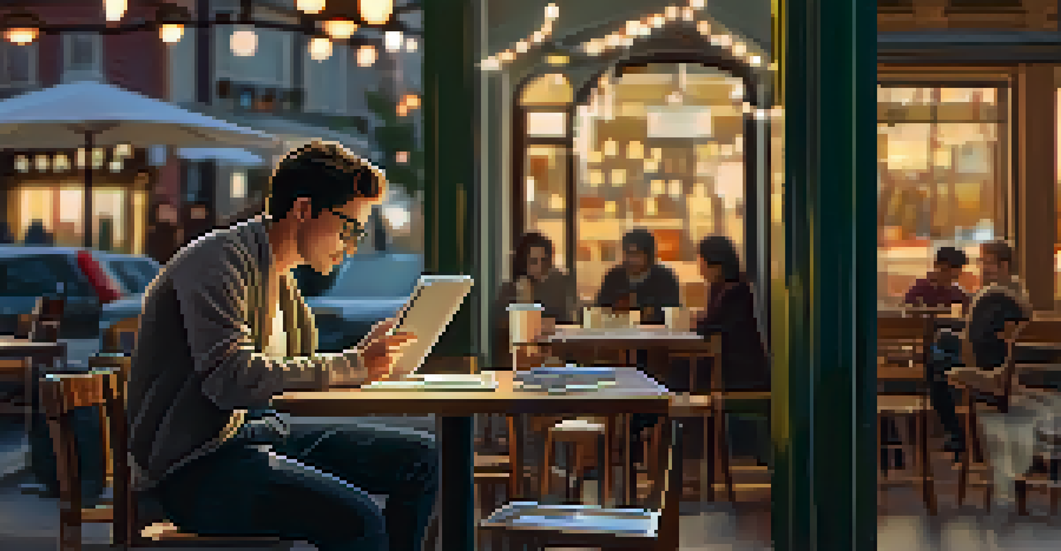 A person using a tablet at a café, focused on a career assessment quiz, surrounded by a warm and inviting café atmosphere.