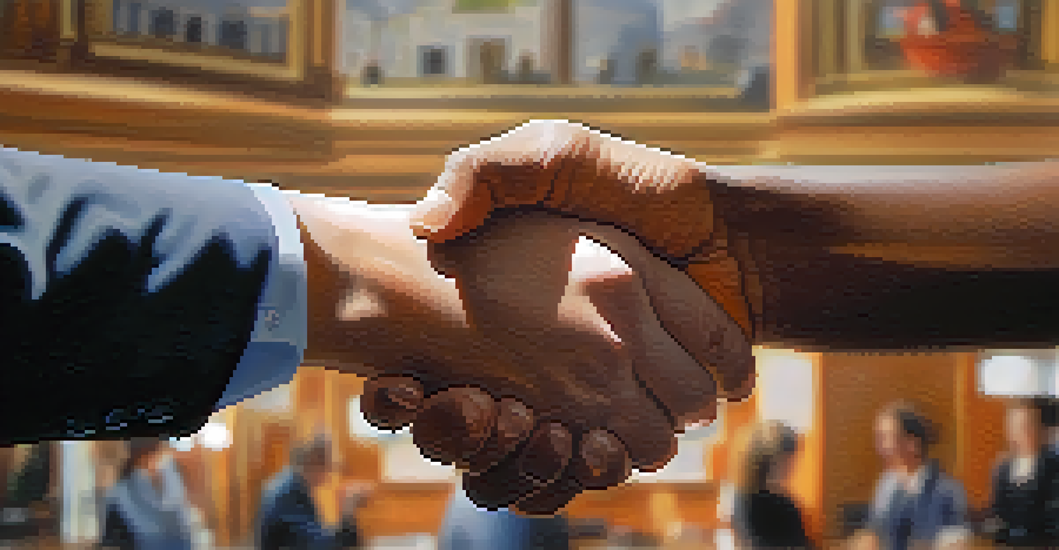 A close-up of two hands shaking in a warm workshop setting, representing networking and relationship building.
