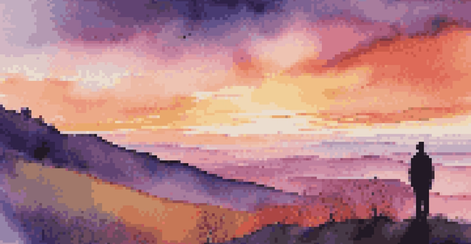 A silhouette of a person on a hilltop at sunset, overlooking a valley, symbolizing the pursuit of long-term goals.