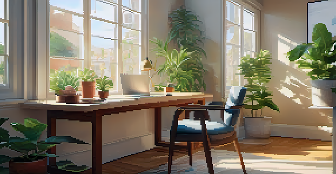 A bright and modern workspace with a laptop, notepad, coffee cup, potted plant, and artwork on the walls, illuminated by sunlight.