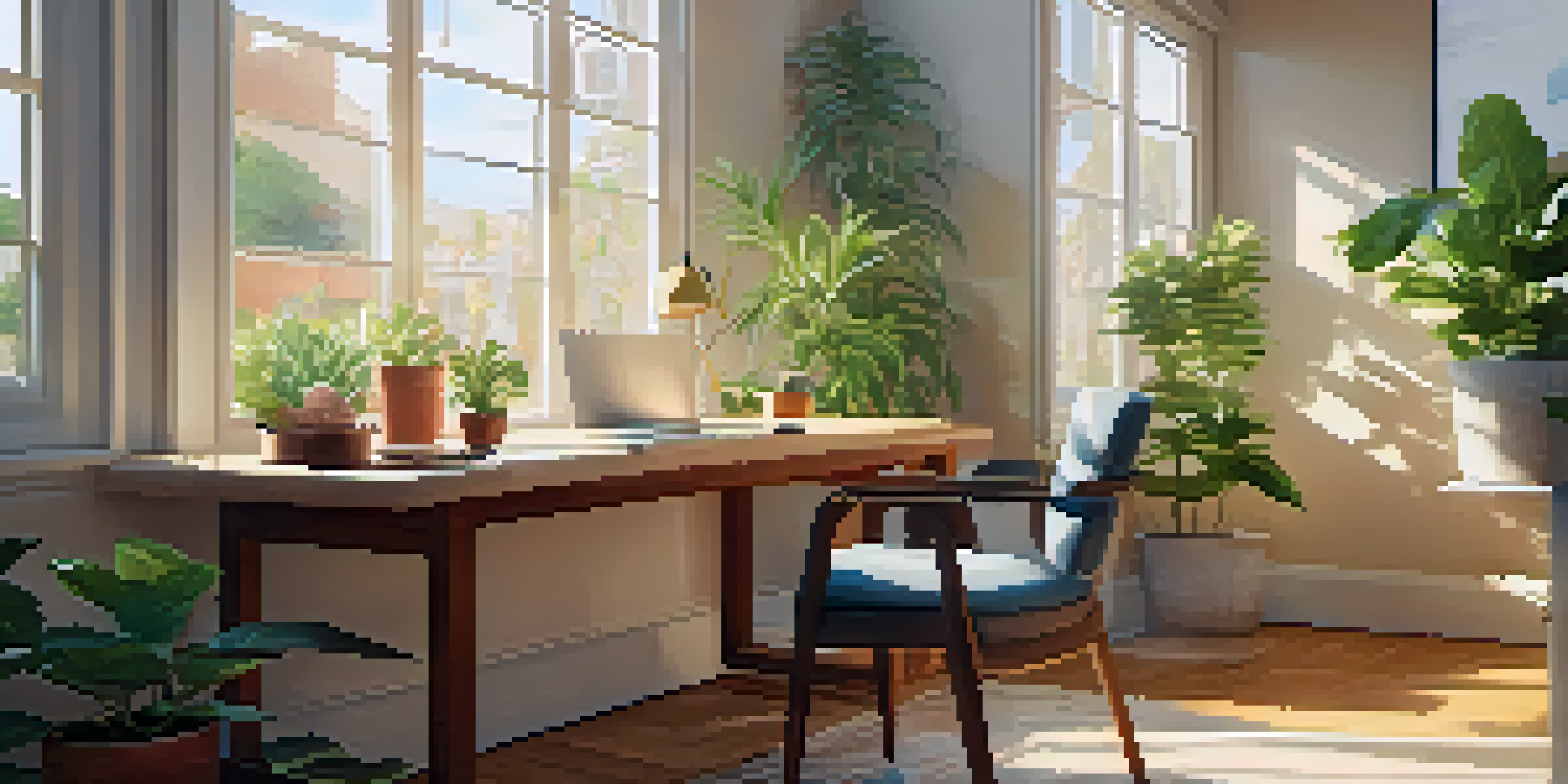 A bright and modern workspace with a laptop, notepad, coffee cup, potted plant, and artwork on the walls, illuminated by sunlight.