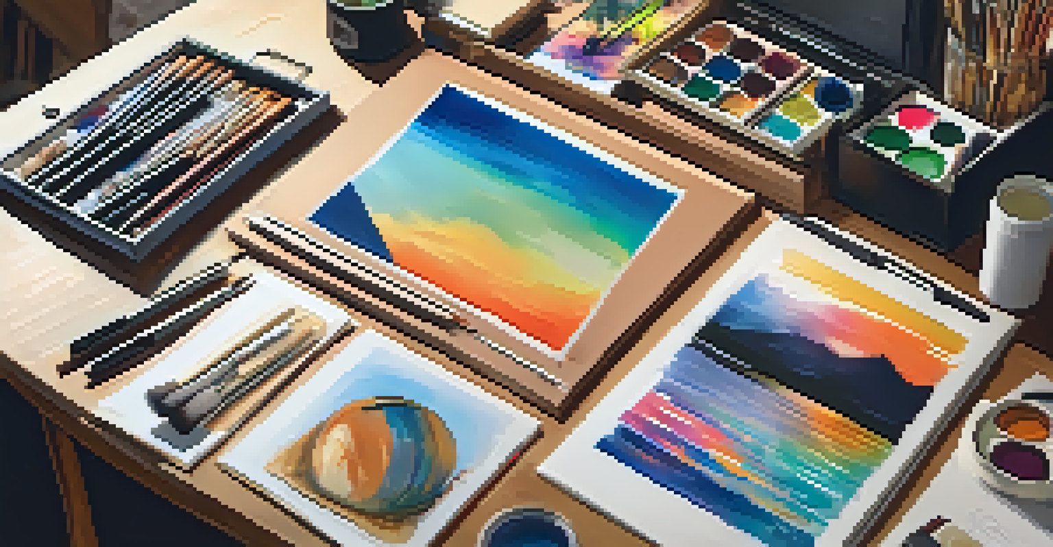 An artist's portfolio displayed on a table with colorful artwork, art supplies, and a laptop, illuminated by warm lighting.