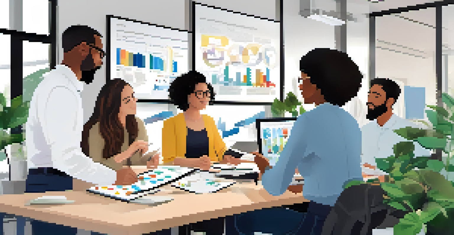 A diverse team collaborating in a bright office, using digital devices and discussing ideas around a table, with plants in the background.