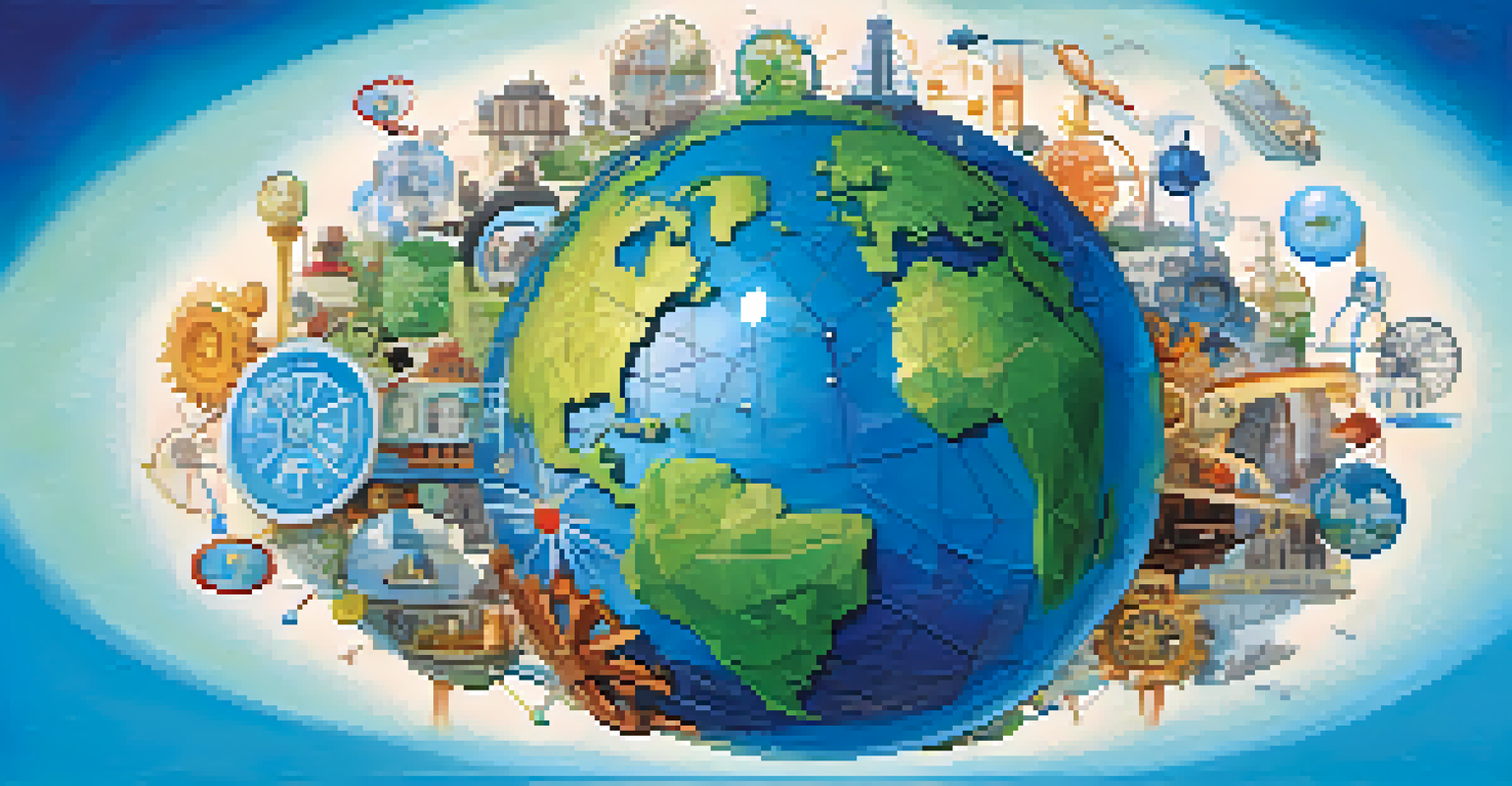 An artistic globe surrounded by networking icons, representing global connections and collaboration.