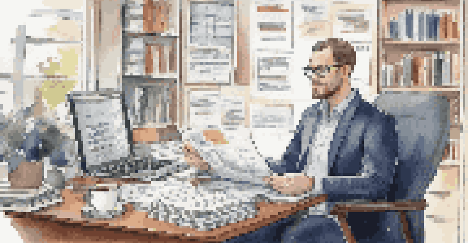 An HR manager reviewing a job description document at a cluttered desk with a laptop and books in the background.