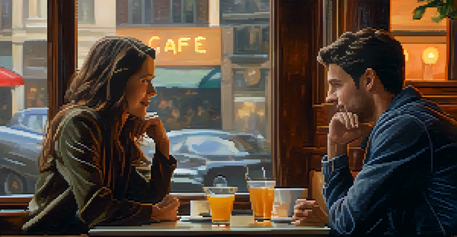 Two people engaged in a lively conversation in a cozy café, showcasing active listening and expressive communication.