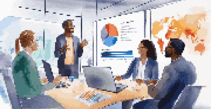 A diverse group of professionals in a virtual meeting, with a large screen showing participants of various ethnicities, set in a modern office environment.