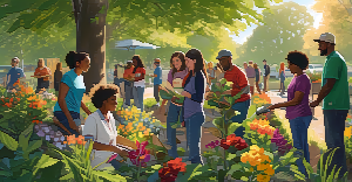 A diverse group of volunteers working together outdoors, planting trees and organizing materials in a lush green environment.